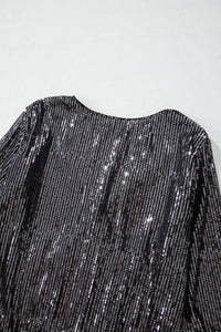 Black Sequin Mesh Long Sleeve Surplice Neck Bodysuit. (SPI)