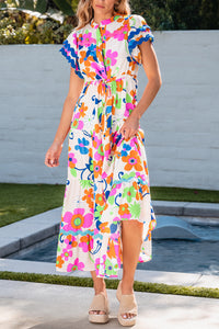 Pink Ricrac Trim Flutter Sleeve Buttoned Floral Maxi Dress. (SPI)