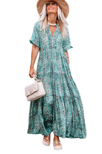 Sky Blue Paisley Print Boho Holiday Ruffle Tiered Maxi Dress. (SPI)