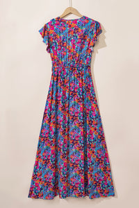 Blue Floral Print V Neck Wrap Split Maxi Dress. (SPI)