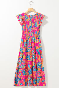 Rose Red Boho Floral V Neck Ruffle Tiered Long Dress. (SPI)