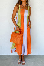 Load image into Gallery viewer, Green Color Block Shirred High Waist Fit and Flare Maxi Dress. (SPI)