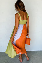 Load image into Gallery viewer, Green Color Block Shirred High Waist Fit and Flare Maxi Dress. (SPI)