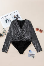 Load image into Gallery viewer, Black Sequin Mesh Long Sleeve Surplice Neck Bodysuit. (SPI)