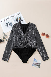 Black Sequin Mesh Long Sleeve Surplice Neck Bodysuit. (SPI)