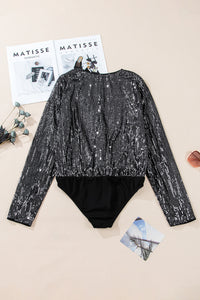 Black Sequin Mesh Long Sleeve Surplice Neck Bodysuit. (SPI)