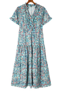 Sky Blue Paisley Print Boho Holiday Ruffle Tiered Maxi Dress. (SPI)