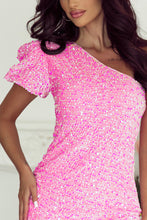 Load image into Gallery viewer, Pink Sequin One Shoulder Puff Sleeve Bodycon Mini Dress. (SPI)