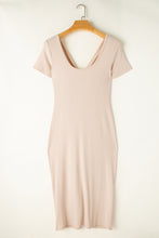 Load image into Gallery viewer, Beige V Neck Ruched Button Front French T-shirt Dress. (SPI)