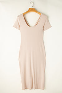 Beige V Neck Ruched Button Front French T-shirt Dress. (SPI)