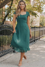 Load image into Gallery viewer, Sea Green Shirred Open Back Sweetheart Neck Ruffled Midi Dress. (SPI)