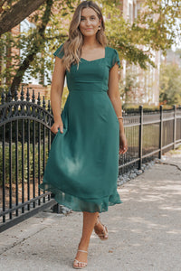 Sea Green Shirred Open Back Sweetheart Neck Ruffled Midi Dress. (SPI)