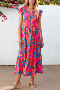 Rose Red Boho Floral V Neck Ruffle Tiered Long Dress. (SPI)