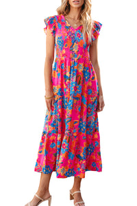 Rose Red Boho Floral V Neck Ruffle Tiered Long Dress. (SPI)