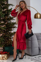 Load image into Gallery viewer, Racing Red Velvet Buttoned Puff Sleeve V Neck Split Midi Dress. (SPI)