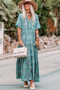 Sky Blue Paisley Print Boho Holiday Ruffle Tiered Maxi Dress. (SPI)