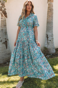 Sky Blue Paisley Print Boho Holiday Ruffle Tiered Maxi Dress. (SPI)