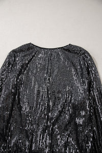 Black Sequin Mesh Long Sleeve Surplice Neck Bodysuit. (SPI)