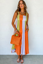 Load image into Gallery viewer, Green Color Block Shirred High Waist Fit and Flare Maxi Dress. (SPI)