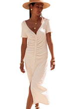 Load image into Gallery viewer, Beige V Neck Ruched Button Front French T-shirt Dress. (SPI)