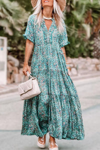 Sky Blue Paisley Print Boho Holiday Ruffle Tiered Maxi Dress. (SPI)