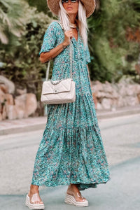 Sky Blue Paisley Print Boho Holiday Ruffle Tiered Maxi Dress. (SPI)