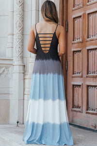 Sky Blue Spaghetti Strap Tie Dye Slit Maxi Dress. (SPI)