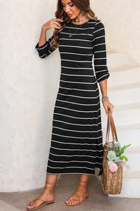 Black Striped Casual Slit Long Dress. (SPI)