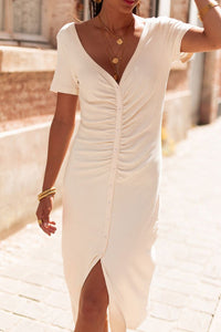 Beige V Neck Ruched Button Front French T-shirt Dress. (SPI)