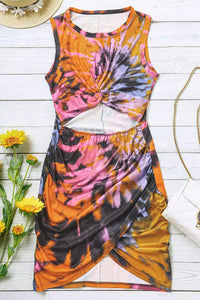 Multicolor Tie-dye Print Hollow Out Twist Bodycon Mini Dress. (SPI)