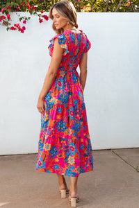 Rose Red Boho Floral V Neck Ruffle Tiered Long Dress. (SPI)