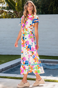 Pink Ricrac Trim Flutter Sleeve Buttoned Floral Maxi Dress. (SPI)