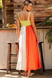 Green Color Block Shirred High Waist Fit and Flare Maxi Dress. (SPI)