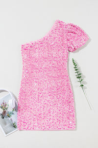 Pink Sequin One Shoulder Puff Sleeve Bodycon Mini Dress. (SPI)