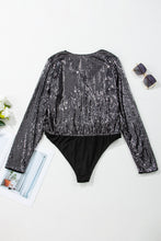 Load image into Gallery viewer, Black Sequin Mesh Long Sleeve Surplice Neck Bodysuit. (SPI)