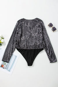 Black Sequin Mesh Long Sleeve Surplice Neck Bodysuit. (SPI)