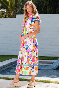 Pink Ricrac Trim Flutter Sleeve Buttoned Floral Maxi Dress. (SPI)