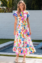 Load image into Gallery viewer, Pink Ricrac Trim Flutter Sleeve Buttoned Floral Maxi Dress. (SPI)