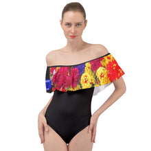 Load image into Gallery viewer, PPM Black with Flower arranged  Off Shoulder Velour Bodysuit