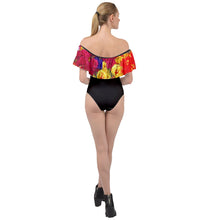 Load image into Gallery viewer, PPM Black with Flower arranged  Off Shoulder Velour Bodysuit