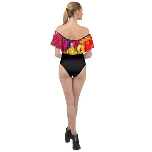 PPM Black with Flower arranged  Off Shoulder Velour Bodysuit