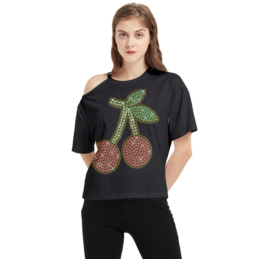 Jeweled Cherry One Shoulder Cut Out Tee (Black)