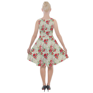 "Red D Flower" Knee Length Skater Dress With Pockets