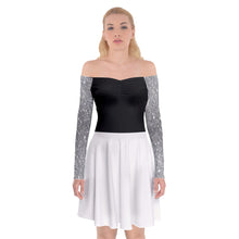 Load image into Gallery viewer, Black and White Off Shoulder Skater Dress with sparkling silver sleeves