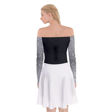 Load image into Gallery viewer, Black and White Off Shoulder Skater Dress with sparkling silver sleeves