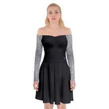 Load image into Gallery viewer, Black with Silver sparkling sleeves Off Shoulder Skater Dress