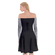 Load image into Gallery viewer, Black with Silver sparkling sleeves Off Shoulder Skater Dress