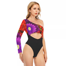 Load image into Gallery viewer, PNO floral printed  Women&#39;s Long-sleeved Waist-cut Bodysuit With One-sleeve