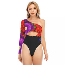 Load image into Gallery viewer, PNO floral printed  Women&#39;s Long-sleeved Waist-cut Bodysuit With One-sleeve