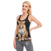 Load image into Gallery viewer, Perched Jaguar Print (Black Front, gold and blue back) Women&#39;s Racer Vest. (SPI)